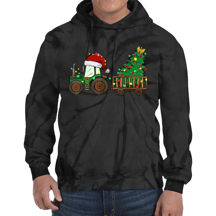 Christmas Farm Tractor Xmas Tree Lights Santa Hat Farmer Tie Dye Hoodie