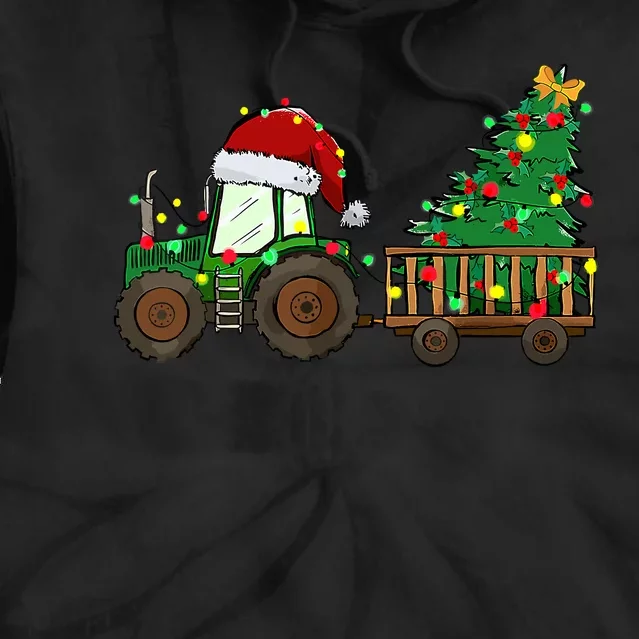 Christmas Farm Tractor Xmas Tree Lights Santa Hat Farmer Tie Dye Hoodie