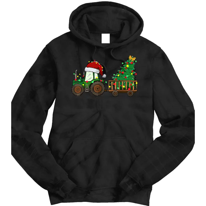 Christmas Farm Tractor Xmas Tree Lights Santa Hat Farmer Tie Dye Hoodie