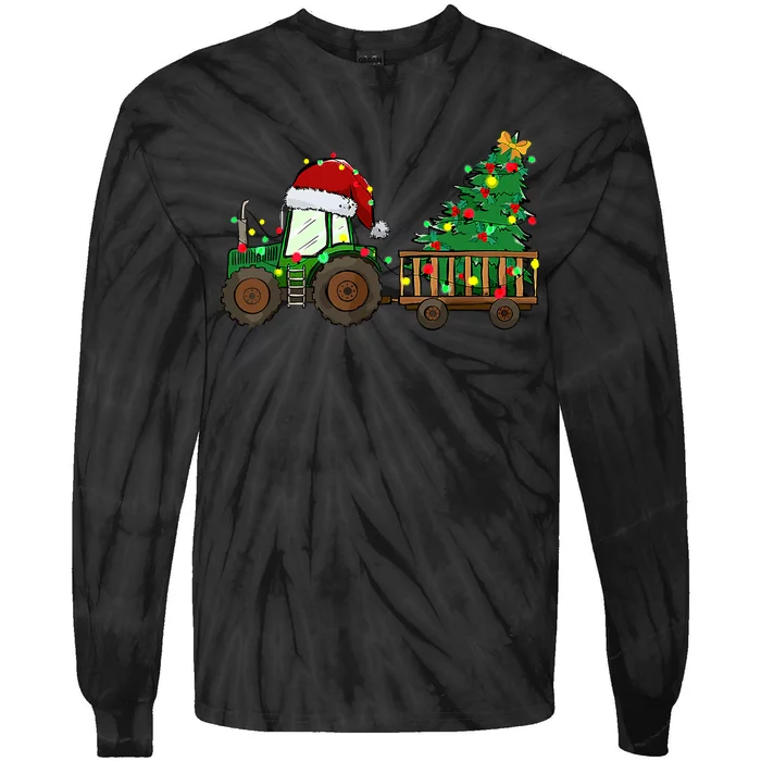 Christmas Farm Tractor Xmas Tree Lights Santa Hat Farmer Tie-Dye Long Sleeve Shirt