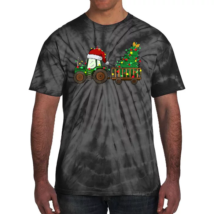 Christmas Farm Tractor Xmas Tree Lights Santa Hat Farmer Tie-Dye T-Shirt