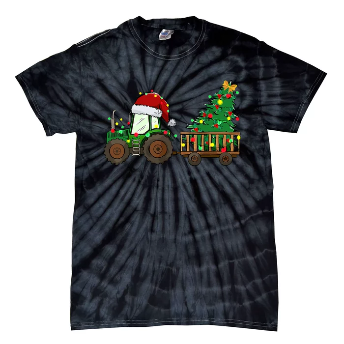 Christmas Farm Tractor Xmas Tree Lights Santa Hat Farmer Tie-Dye T-Shirt