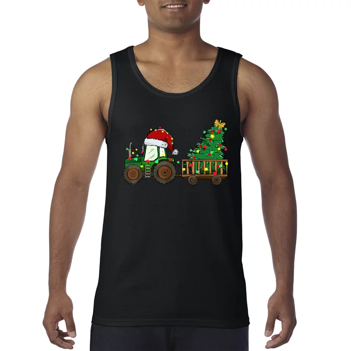 Christmas Farm Tractor Xmas Tree Lights Santa Hat Farmer Tank Top