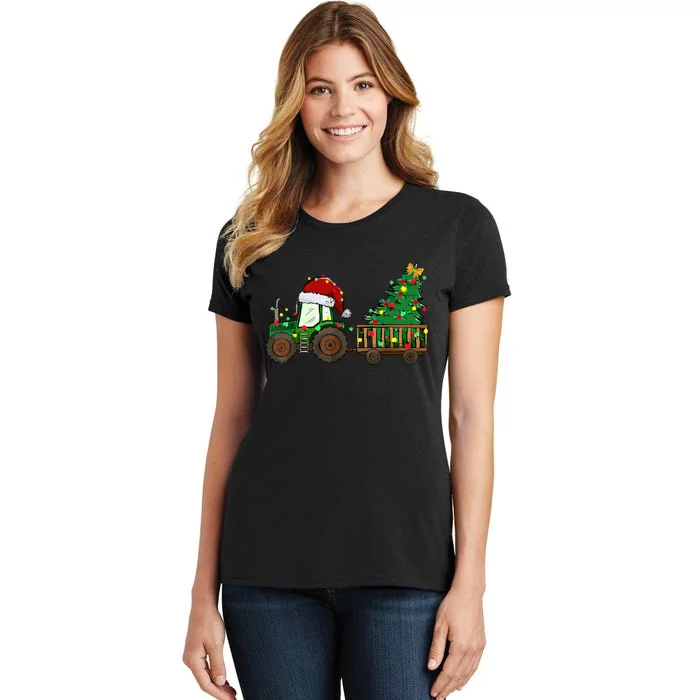 Christmas Farm Tractor Xmas Tree Lights Santa Hat Farmer Women's T-Shirt