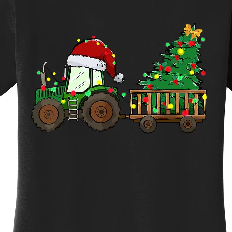 Christmas Farm Tractor Xmas Tree Lights Santa Hat Farmer Women's T-Shirt