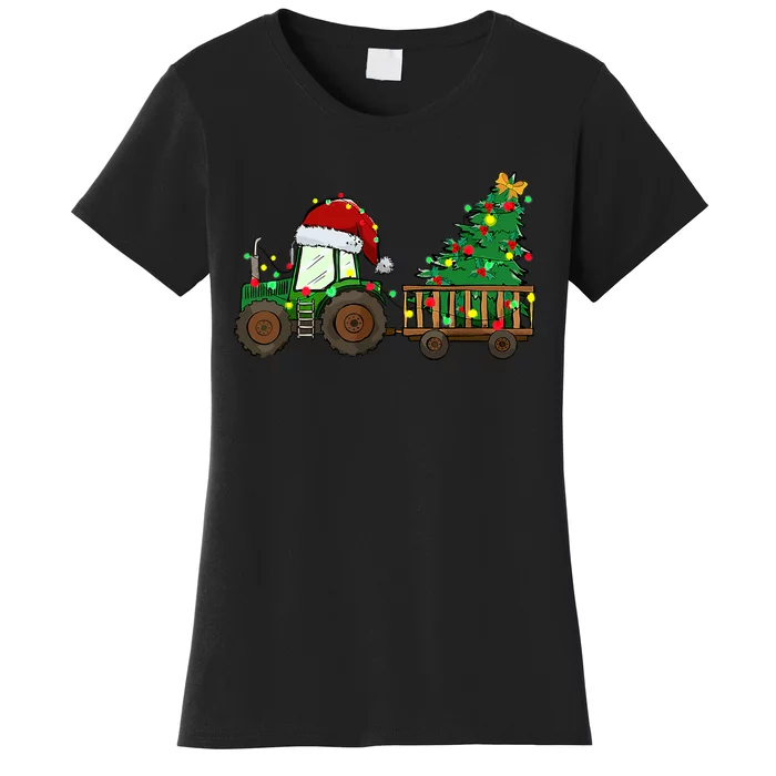 Christmas Farm Tractor Xmas Tree Lights Santa Hat Farmer Women's T-Shirt