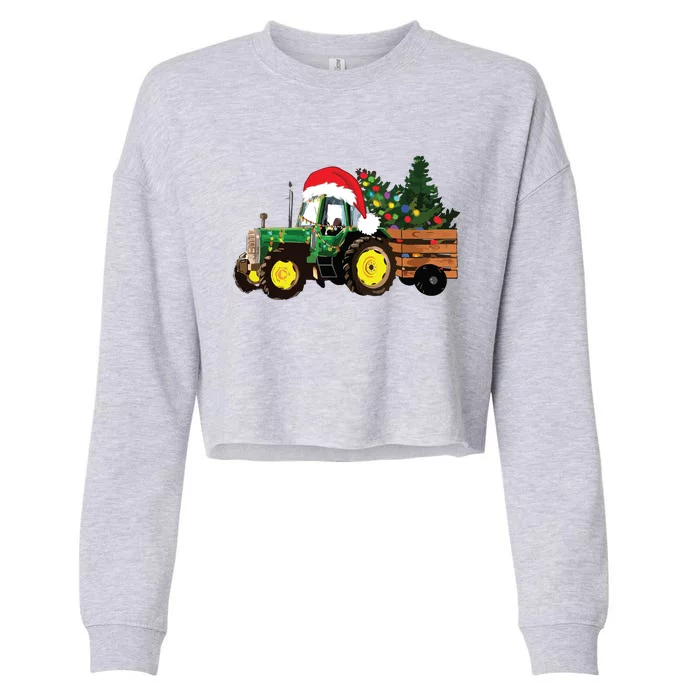 Christmas Farm Tractor Christmas Tree Lights Santa Farmer Cropped Pullover Crew