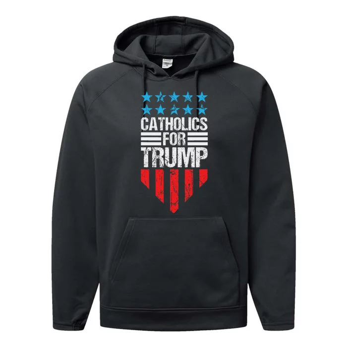 Catholics For Trump 2024: Retro Usa Flag Design Performance Fleece Hoodie