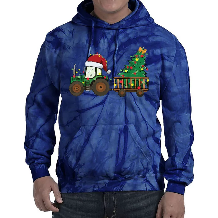 Christmas Farm Tractor Xmas Tree Lights Santa Hat Farmer Tie Dye Hoodie