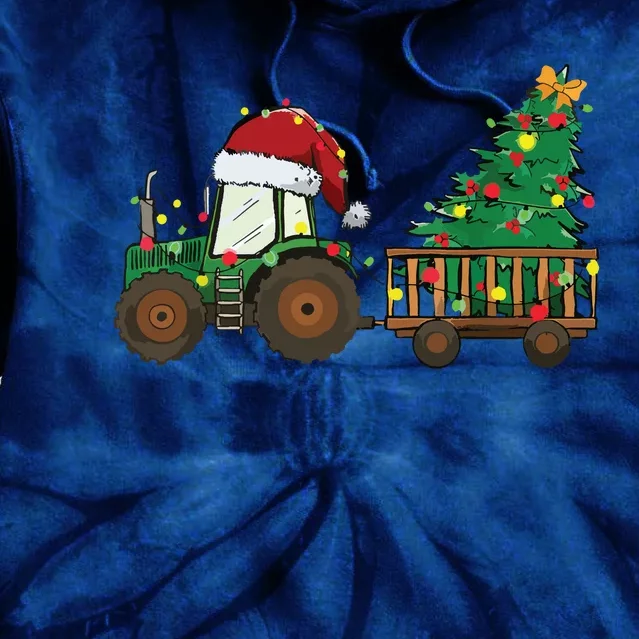 Christmas Farm Tractor Xmas Tree Lights Santa Hat Farmer Tie Dye Hoodie