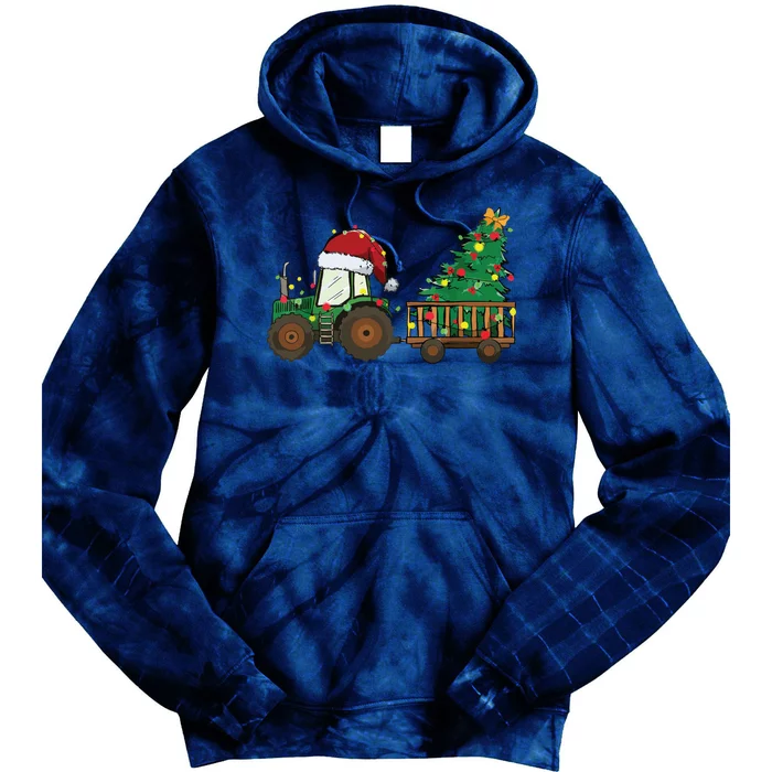 Christmas Farm Tractor Xmas Tree Lights Santa Hat Farmer Tie Dye Hoodie