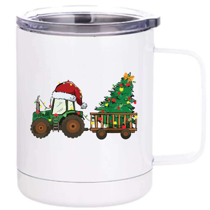 Christmas Farm Tractor Xmas Tree Lights Santa Hat Farmer Front & Back 12oz Stainless Steel Tumbler Cup