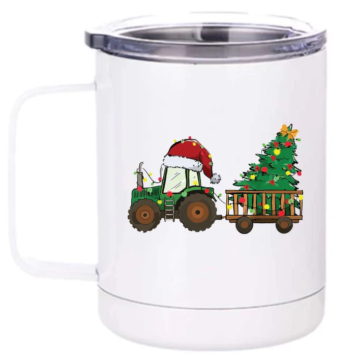 Christmas Farm Tractor Xmas Tree Lights Santa Hat Farmer Front & Back 12oz Stainless Steel Tumbler Cup