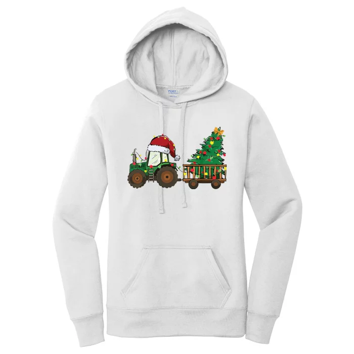 Christmas Farm Tractor Xmas Tree Lights Santa Hat Farmer Women's Pullover Hoodie