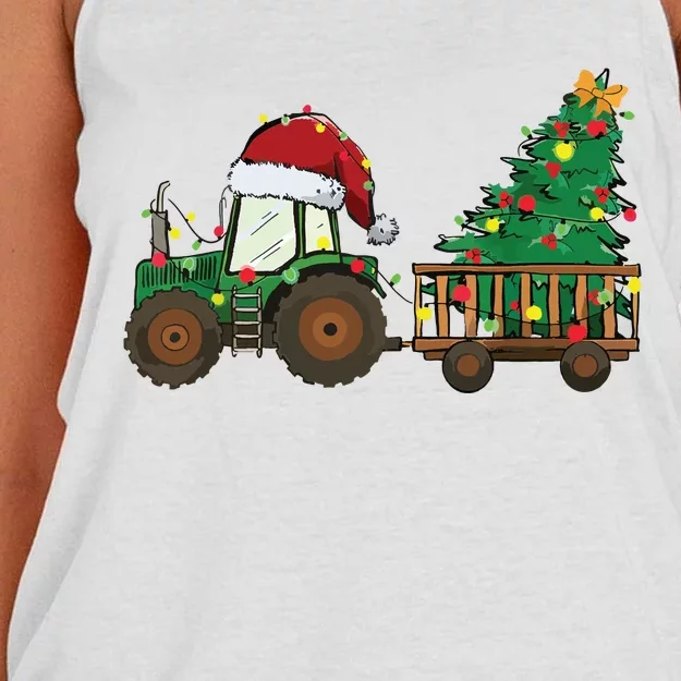 Christmas Farm Tractor Xmas Tree Lights Santa Hat Farmer Women's Knotted Racerback Tank