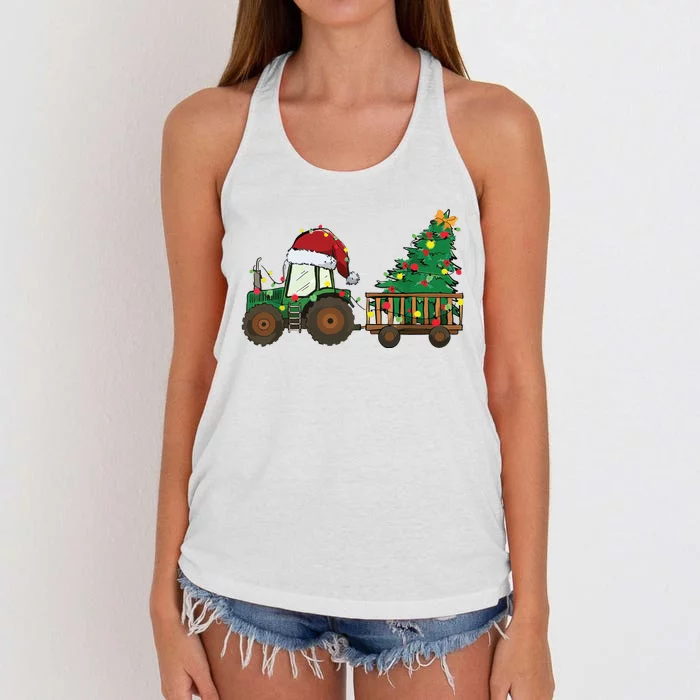 Christmas Farm Tractor Xmas Tree Lights Santa Hat Farmer Women's Knotted Racerback Tank