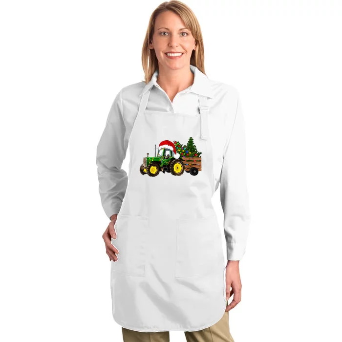 Christmas Farm Tractor Christmas Tree Lights Santa Farmer Full-Length Apron With Pocket