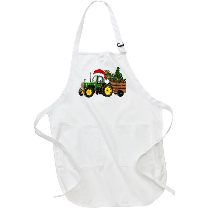 Christmas Farm Tractor Christmas Tree Lights Santa Farmer Full-Length Apron With Pocket