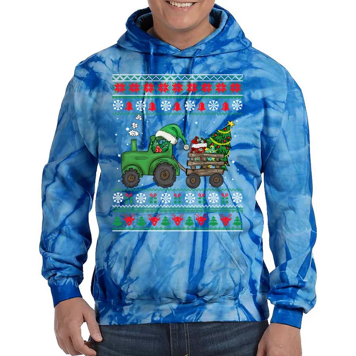 Christmas Farm Tractor Xmas Tree Lights Ugly Christmas Farm Gift Tie Dye Hoodie