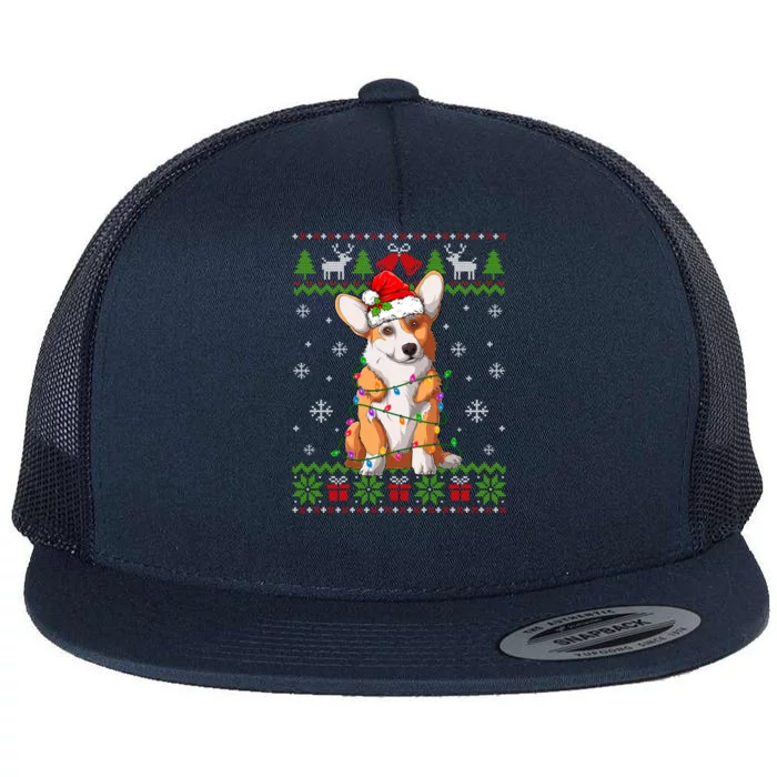 Cute Funny Ugly Christmas Corgi Dog Xmas Lights Gift Flat Bill Trucker Hat