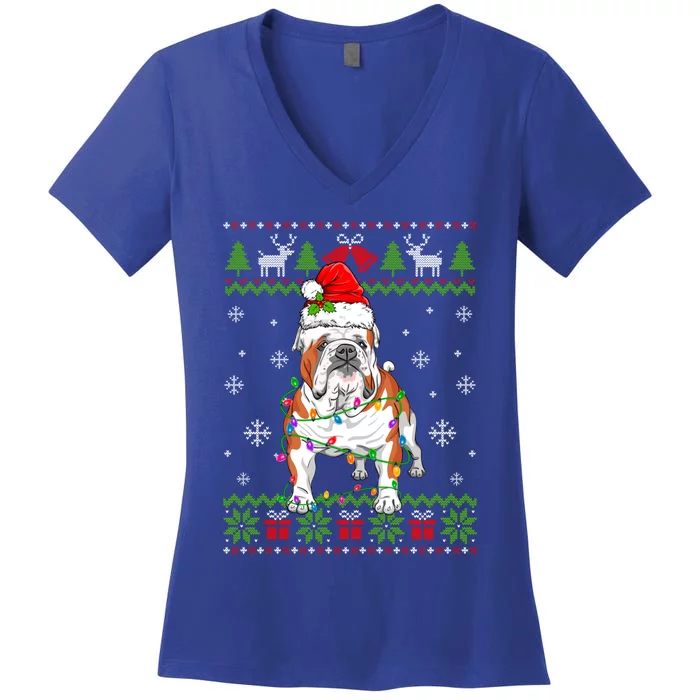 Cute Funny Ugly Christmas English Bulldog Dog Xmas Lights Gift Women's V-Neck T-Shirt