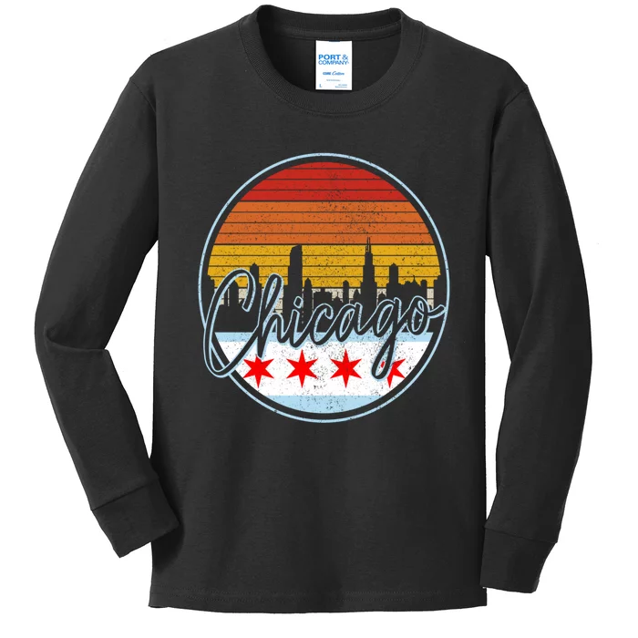 Chicago Flag Vintage Retro Skyline Pride Kids Long Sleeve Shirt