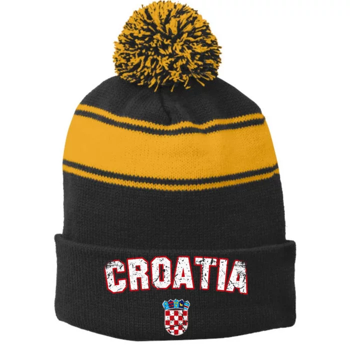 Croatia Flag Vintage Stripe Pom Pom Beanie