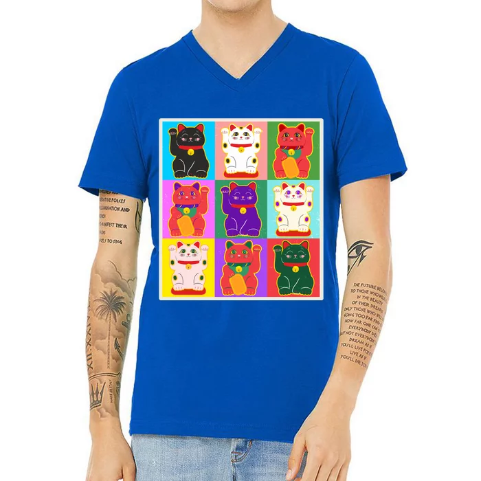 Cool Funny Vintage Japanese Lucky Cat Maneki Neko Pop Art V-Neck T-Shirt