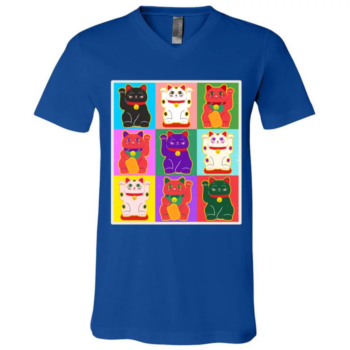 Cool Funny Vintage Japanese Lucky Cat Maneki Neko Pop Art V-Neck T-Shirt