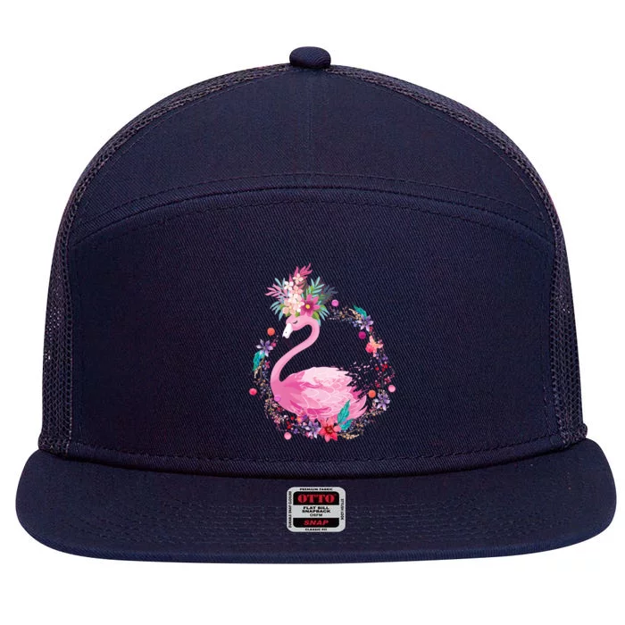 Cute Flower Wreath Flamingo 7 Panel Mesh Trucker Snapback Hat