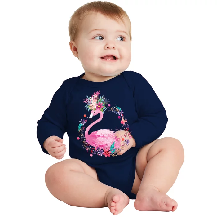 Cute Flower Wreath Flamingo Baby Long Sleeve Bodysuit