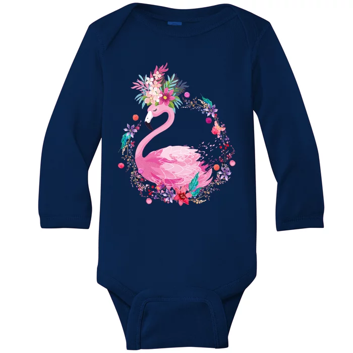 Cute Flower Wreath Flamingo Baby Long Sleeve Bodysuit