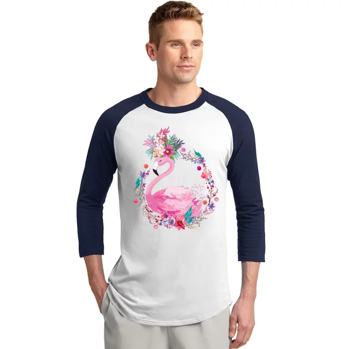 Cute Flower Wreath Flamingo Baseball Sleeve Shirt