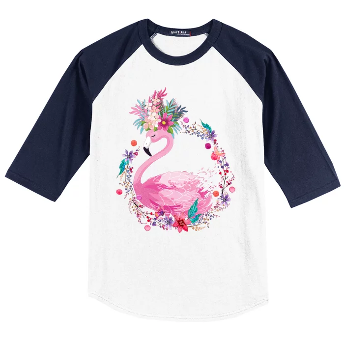 Cute Flower Wreath Flamingo Baseball Sleeve Shirt