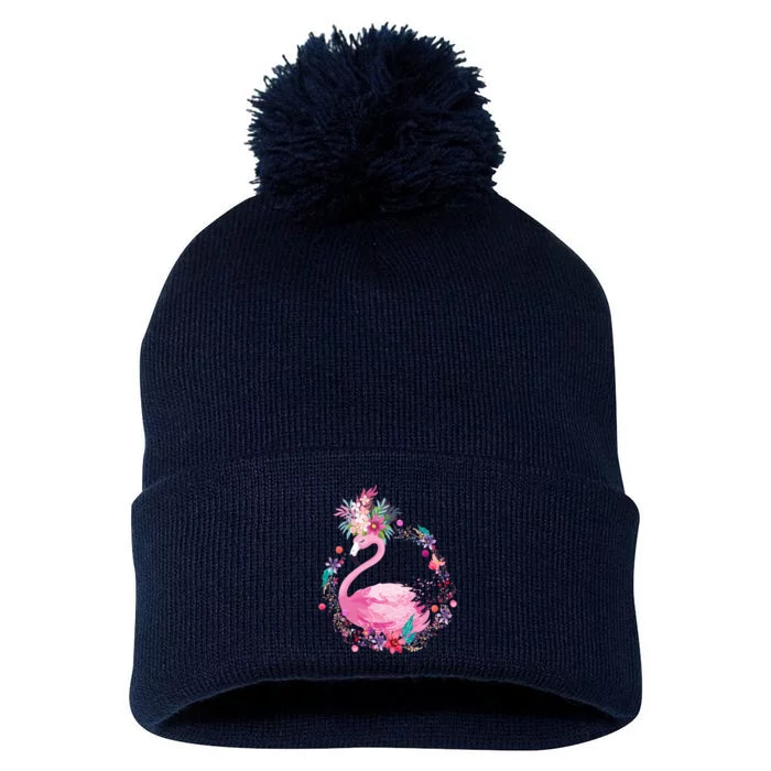 Cute Flower Wreath Flamingo Pom Pom 12in Knit Beanie