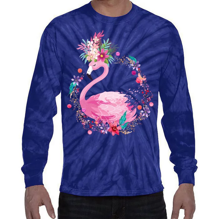 Cute Flower Wreath Flamingo Tie-Dye Long Sleeve Shirt