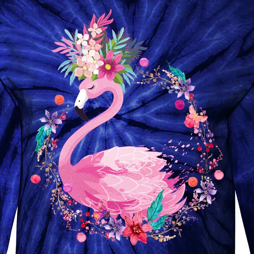 Cute Flower Wreath Flamingo Tie-Dye Long Sleeve Shirt