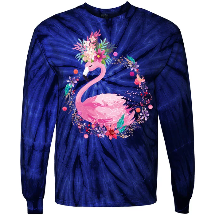 Cute Flower Wreath Flamingo Tie-Dye Long Sleeve Shirt