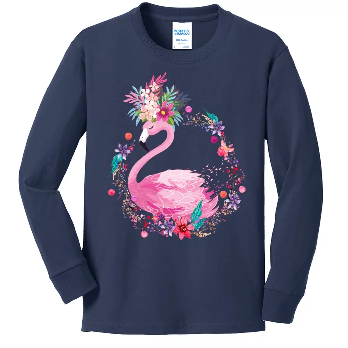 Cute Flower Wreath Flamingo Kids Long Sleeve Shirt