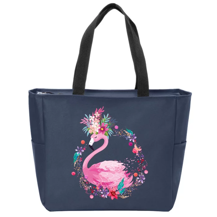 Cute Flower Wreath Flamingo Zip Tote Bag