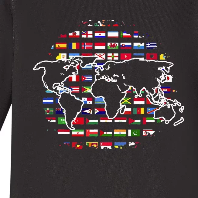 Country Flags World Map Traveling International World Flags Baby Long Sleeve Bodysuit