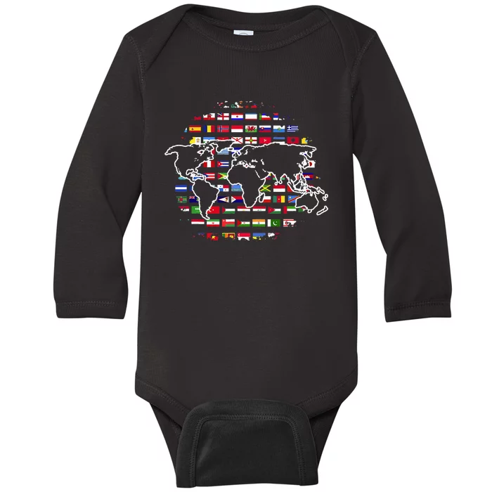 Country Flags World Map Traveling International World Flags Baby Long Sleeve Bodysuit