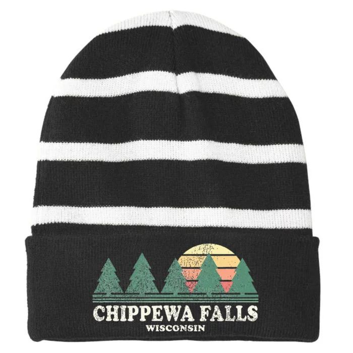 Chippewa Falls Wi Vintage Throwback Retro 70s Design Striped Beanie with Solid Band