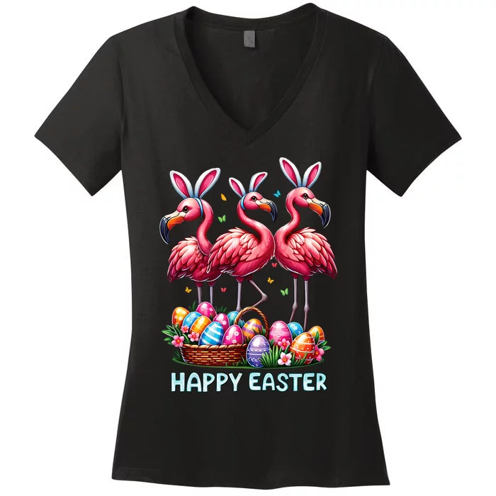 Cute Flamingo With Easter Bunny Egg Basket Happy Easter Women's V-Neck T-Shirt