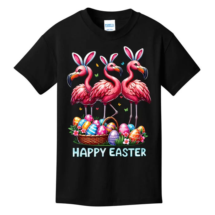 Cute Flamingo With Easter Bunny Egg Basket Happy Easter Kids T-Shirt