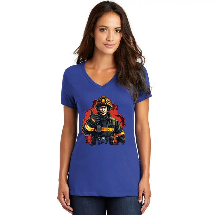 Cool Firefighter With Thumbs Up For Fire Lovers Funny Gift Women's V-Neck T-Shirt