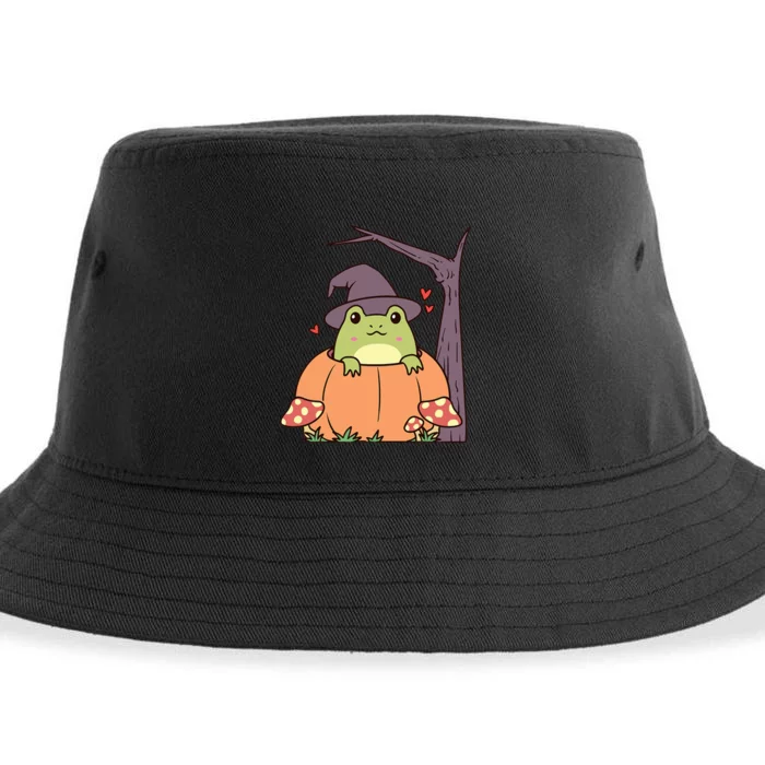 Cute Frog With Witch Hat Halloween Pumpkin Sustainable Bucket Hat