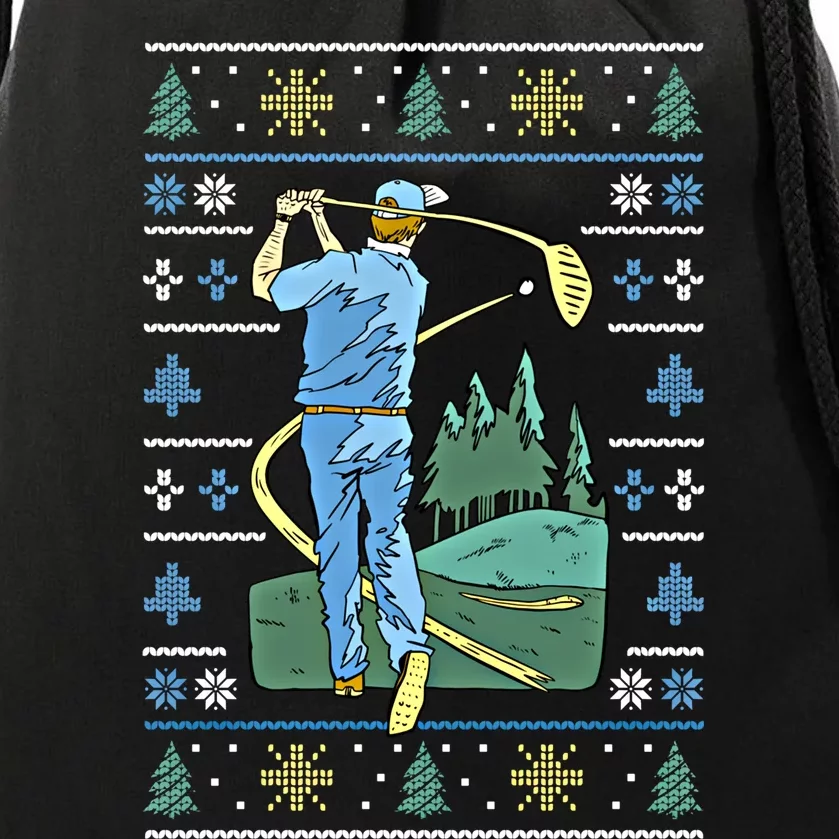 Cringey Golf Art Funny Ugly Christmas Sweater Style Golfing Gift Drawstring Bag