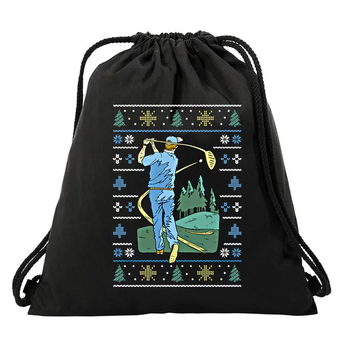 Cringey Golf Art Funny Ugly Christmas Sweater Style Golfing Gift Drawstring Bag