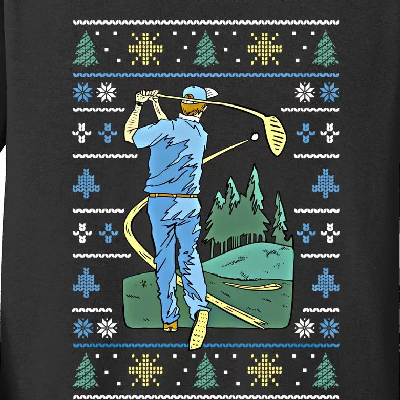 Cringey Golf Art Funny Ugly Christmas Sweater Style Golfing Gift Kids Long Sleeve Shirt